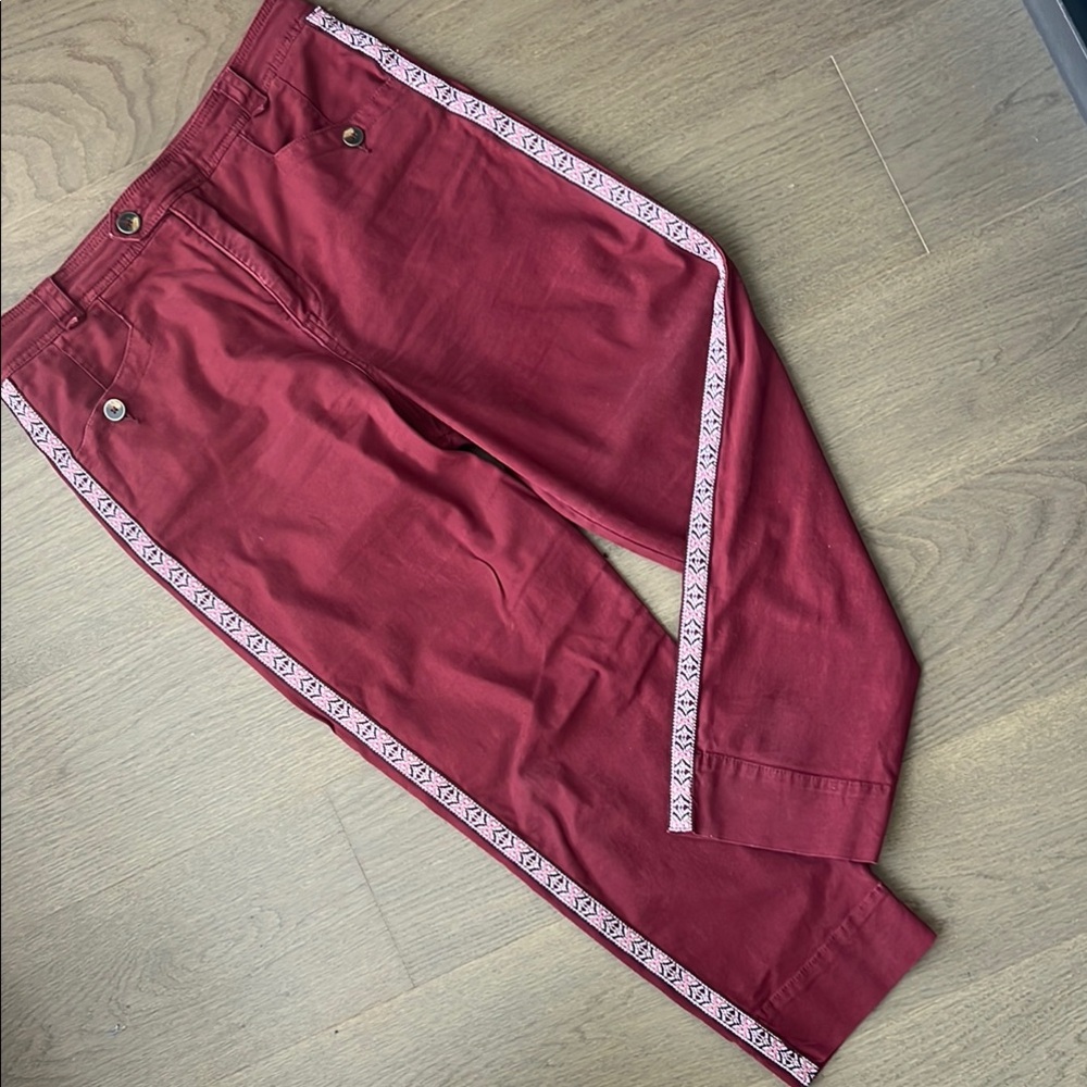 Anthropologie Red Trousers with Patterned Side Tape